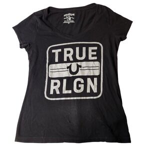 True Religion Shirt Womens Small Black Sequin Graphic Logo Tee Glitter Sparkle
